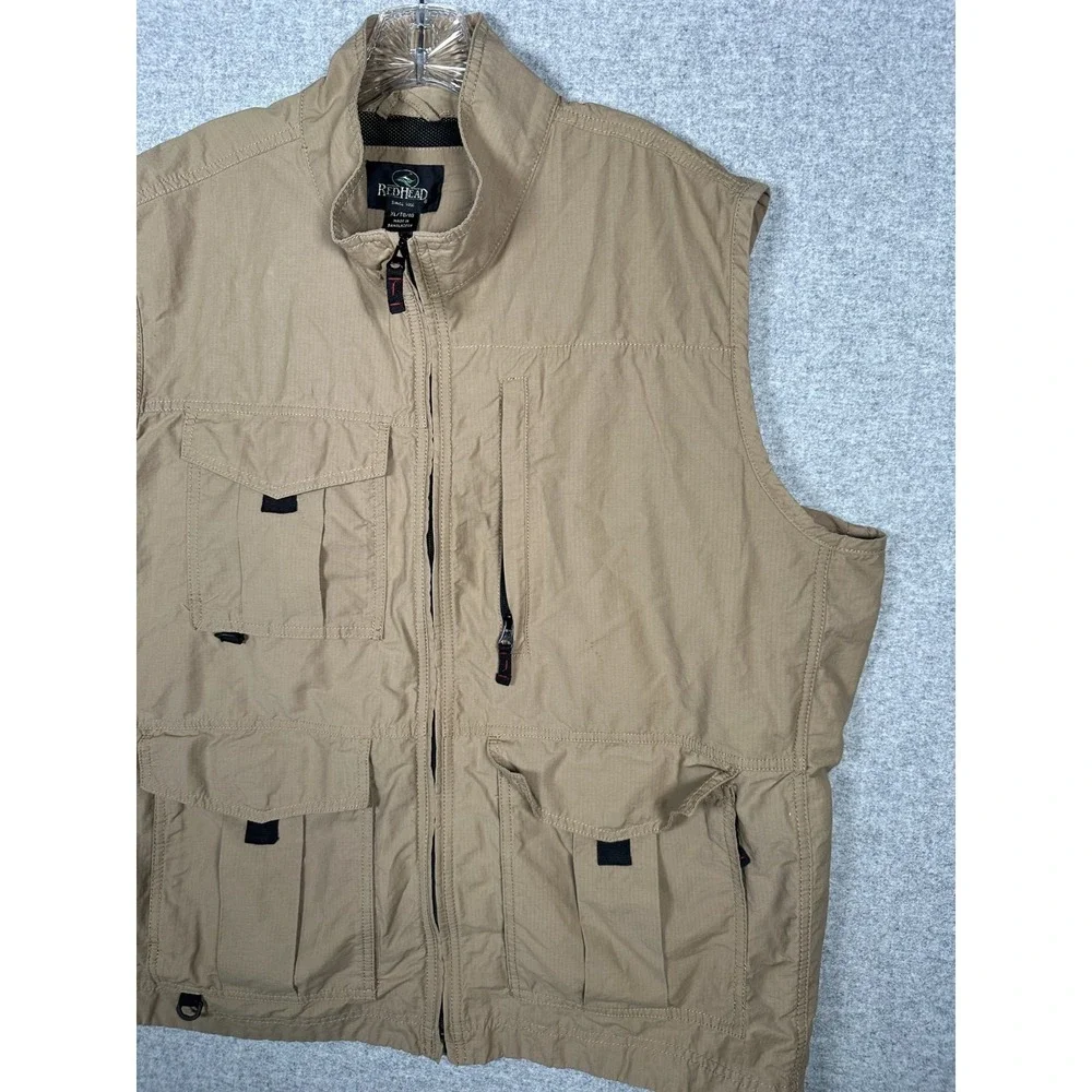 Vintage Redhead XL Mens Fishing Vest Tan Pockets Sleeveless Jacket Zip Mock Neck